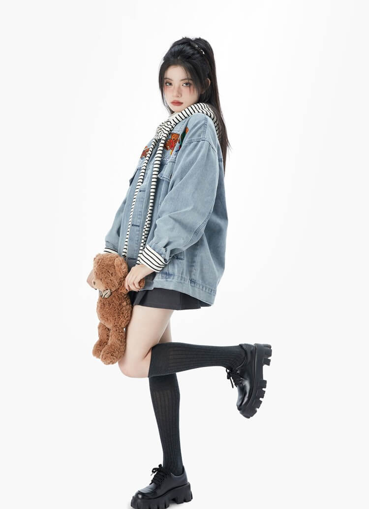 Vintage Style Casual Oversize Bear Denim Jacket