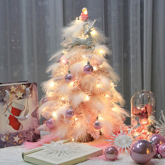 Festive Pink Feather Christmas Tree - 45cm Tall with LED Lights and Purple Metallic Ornaments