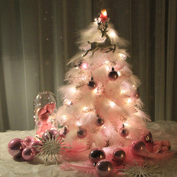 Sapin de Noël festif en plumes roses – 45 cm de haut avec lumières LED et ornements métalliques violets 