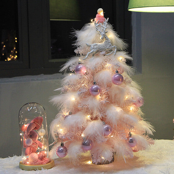 Festive Pink Feather Christmas Tree - 45cm Tall with LED Lights and Purple Metallic Ornaments