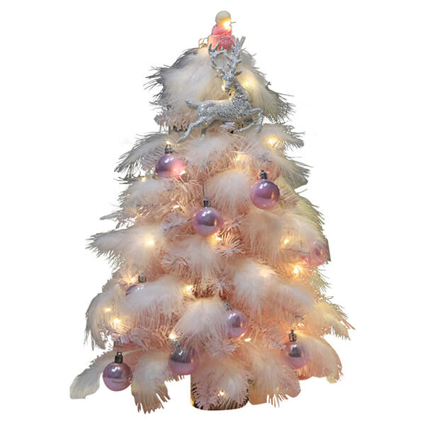 Sapin de Noël festif en plumes roses – 45 cm de haut avec lumières LED et ornements métalliques violets 