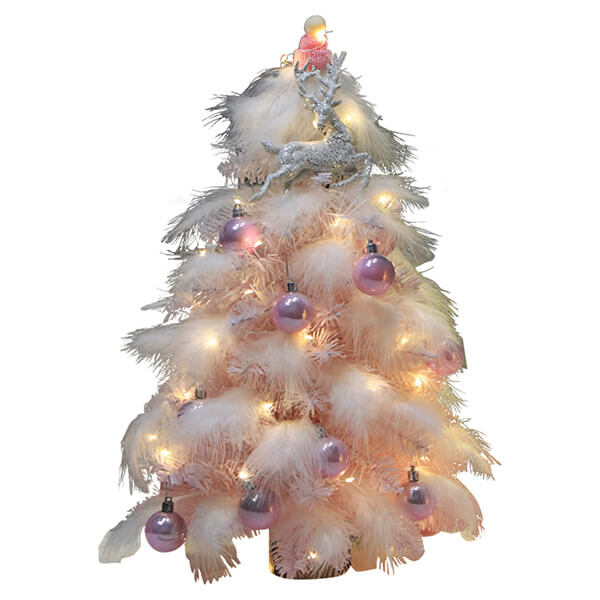 Festive Pink Feather Christmas Tree - 45cm Tall with LED Lights and Purple Metallic Ornaments