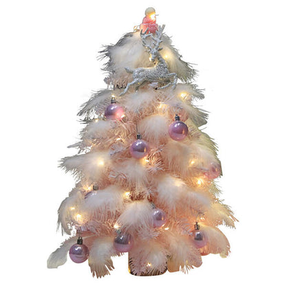 Festive Pink Feather Christmas Tree - 45cm Tall with LED Lights and Purple Metallic Ornaments