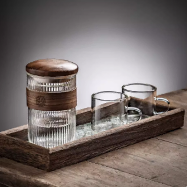 Walnut Lid Glass Teacup and Paulownia Tray Set