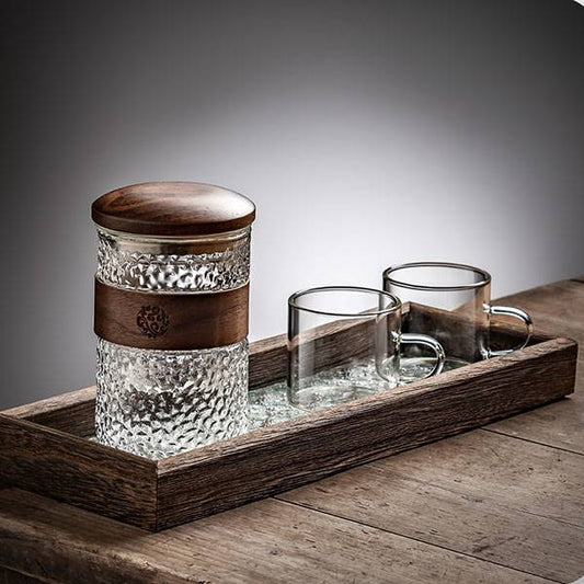 Walnut Lid Glass Teacup and Paulownia Tray Set