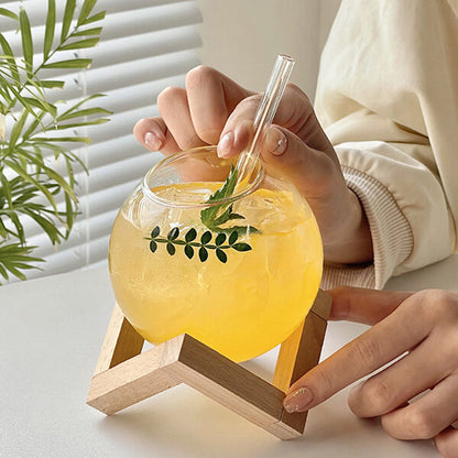 Glass Ball Cup with Straw & Wooden Base