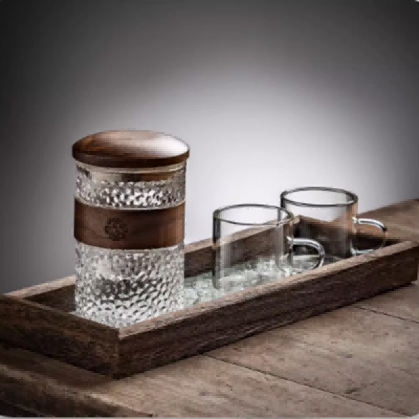 Walnut Lid Glass Teacup and Paulownia Tray Set
