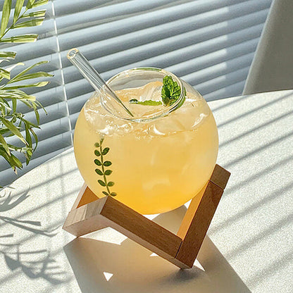 Glass Ball Cup with Straw & Wooden Base
