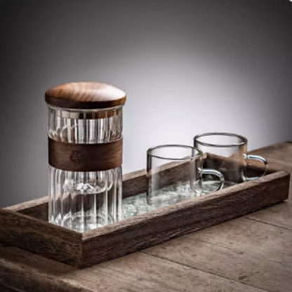 Walnut Lid Glass Teacup and Paulownia Tray Set