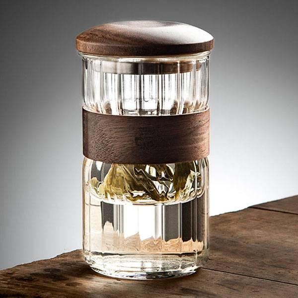 Walnut Lid Glass Teacup and Paulownia Tray Set