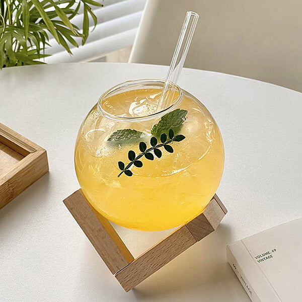 Glass Ball Cup with Straw & Wooden Base