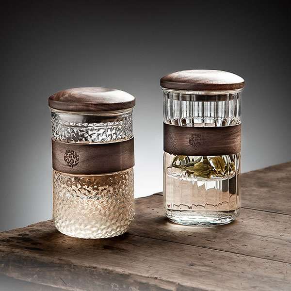 Walnut Lid Glass Teacup and Paulownia Tray Set