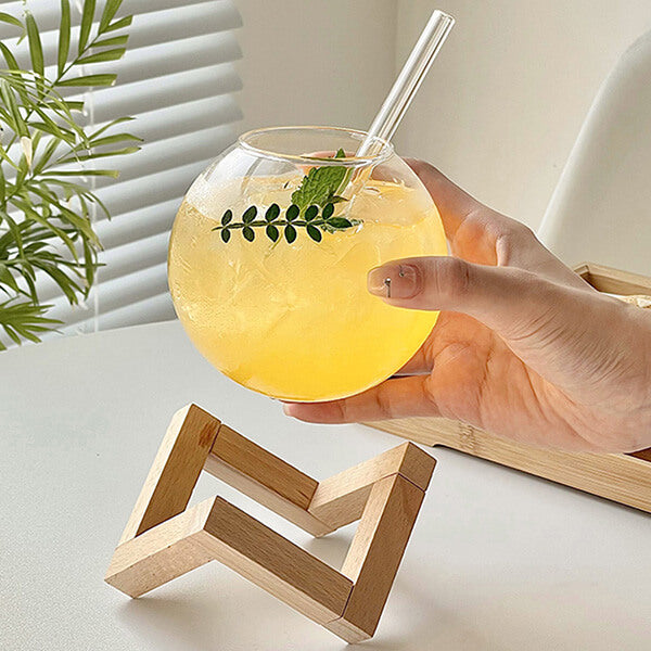 Glass Ball Cup with Straw & Wooden Base