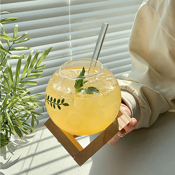 Glass Ball Cup with Straw & Wooden Base