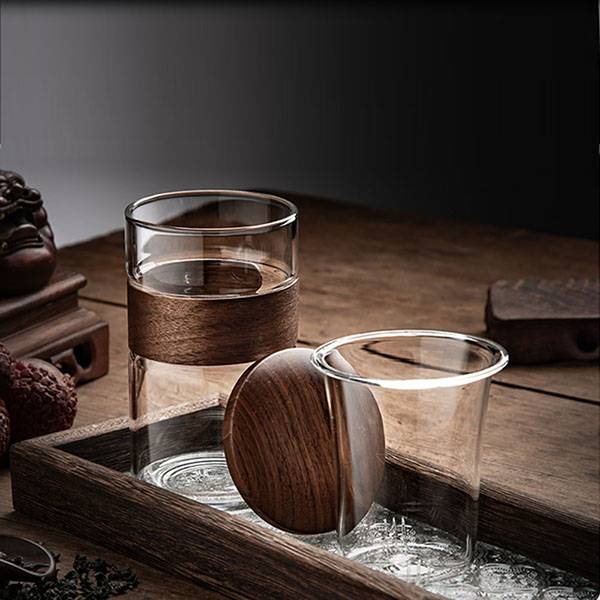 Walnut Lid Glass Teacup and Paulownia Tray Set