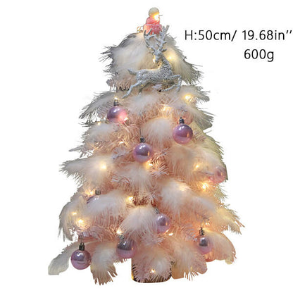 Festive Pink Feather Christmas Tree - 45cm Tall with LED Lights and Purple Metallic Ornaments
