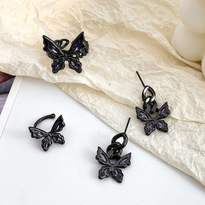 Purple Zircon Inlaid Black Butterfly Ring Ear Cuff Earrings
