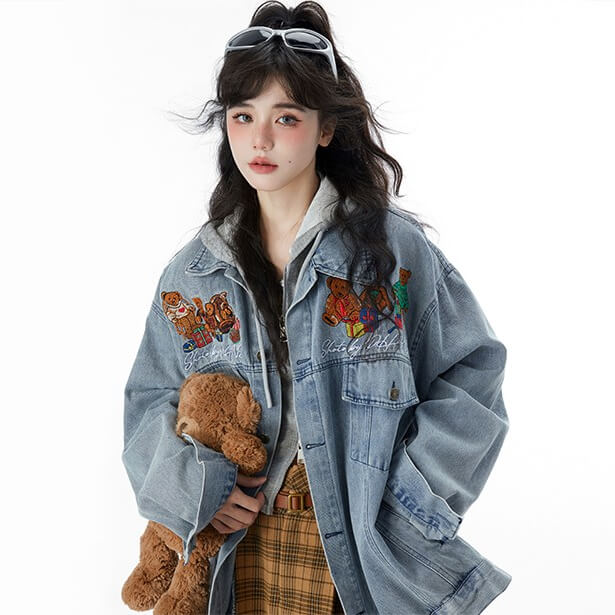 Vintage Style Casual Oversize Bear Denim Jacket