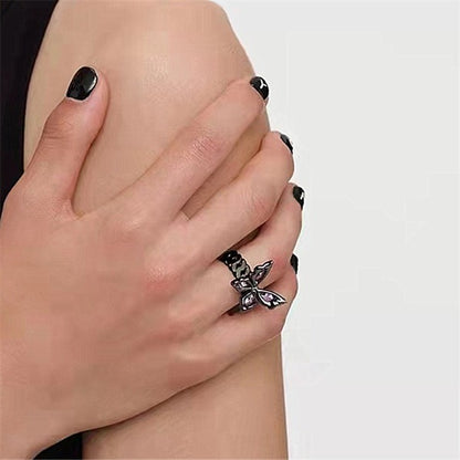 Purple Zircon Inlaid Black Butterfly Ring Ear Cuff Earrings