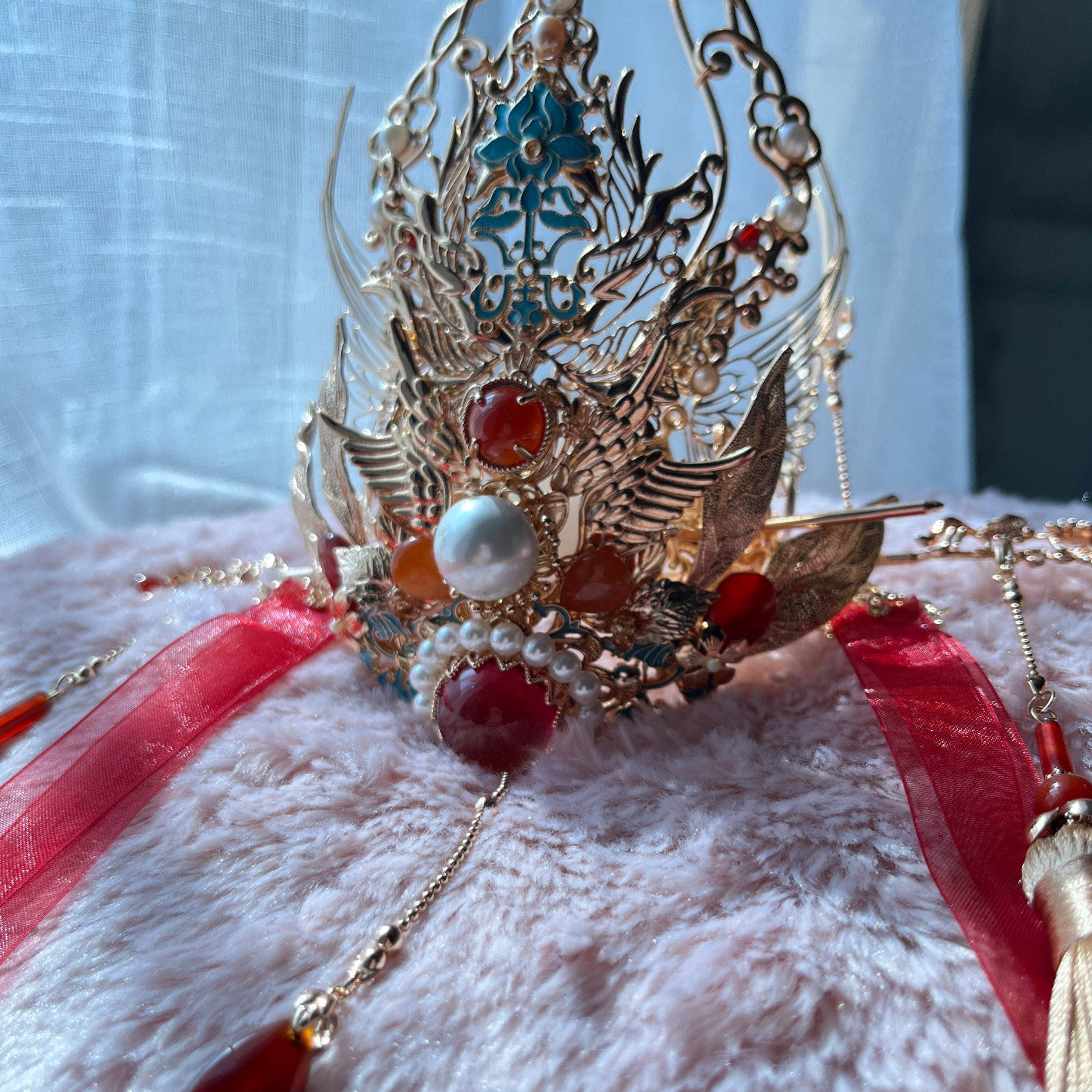 Golden Hair Crown Mask and Necklace with Red Gem Xie Lian Cosplay