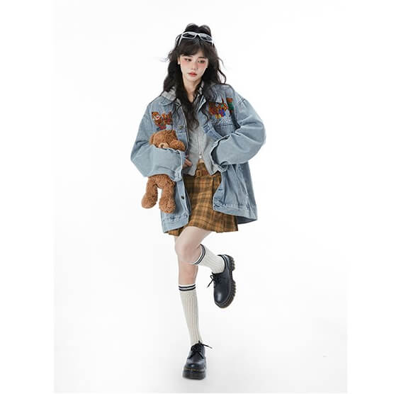 Vintage Style Casual Oversize Bear Denim Jacket