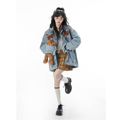Vintage Style Casual Oversize Bear Denim Jacket