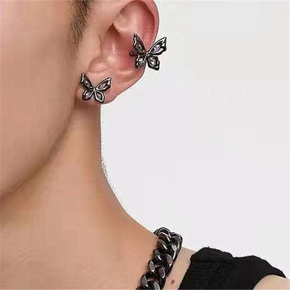 Purple Zircon Inlaid Black Butterfly Ring Ear Cuff Earrings
