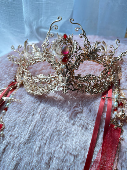 Golden Hair Crown Mask and Necklace with Red Gem Xie Lian Cosplay