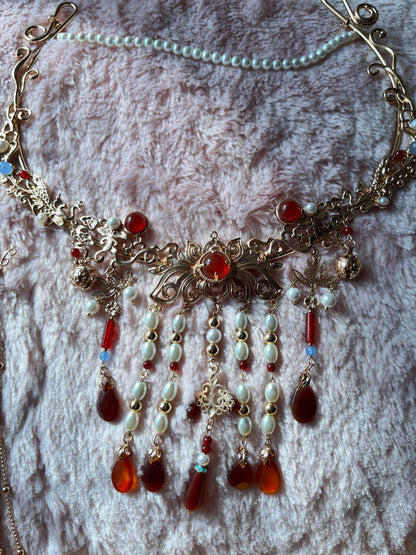 Golden Hair Crown Mask and Necklace with Red Gem Xie Lian Cosplay