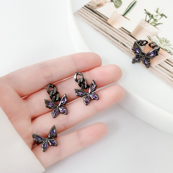 Purple Zircon Inlaid Black Butterfly Ring Ear Cuff Earrings