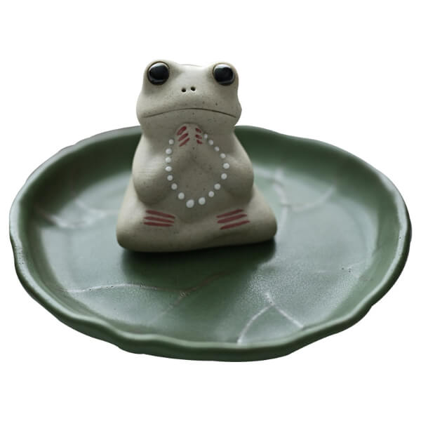 Tea Pet Zen Buddhist Ceramic Lotus Leaf Frog Ornament