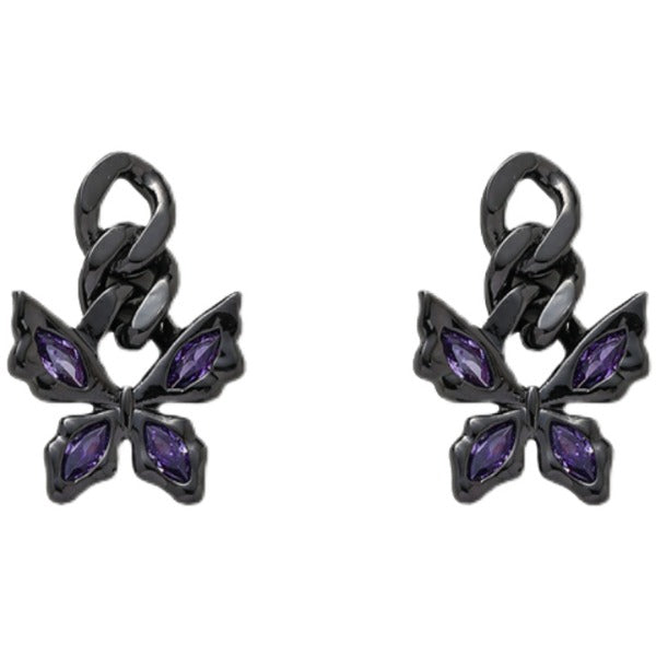 Purple Zircon Inlaid Black Butterfly Ring Ear Cuff Earrings