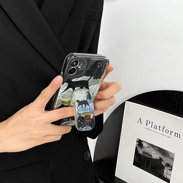 Black Cat and White Wine Phone Case and Phone Holder Set