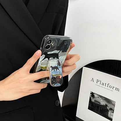 Black Cat and White Wine Phone Case and Phone Holder Set
