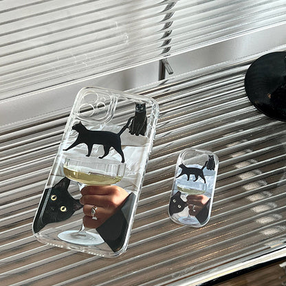 Black Cat and White Wine Phone Case and Phone Holder Set
