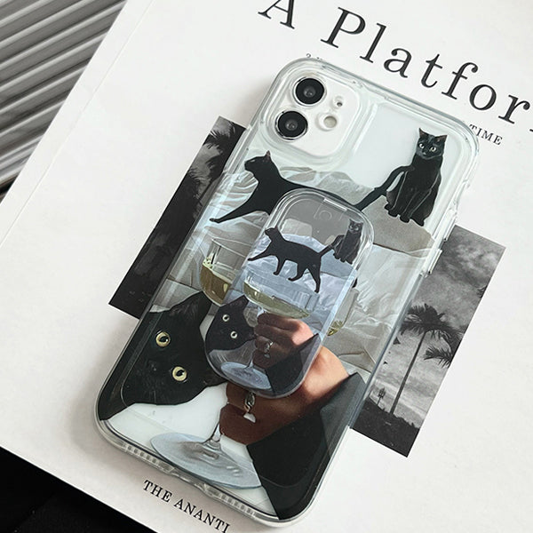 Black Cat and White Wine Phone Case and Phone Holder Set