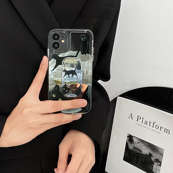 Black Cat and White Wine Phone Case and Phone Holder Set