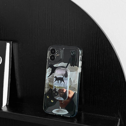 Black Cat and White Wine Phone Case and Phone Holder Set