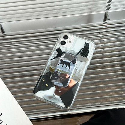 Black Cat and White Wine Phone Case and Phone Holder Set