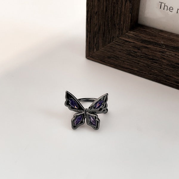 Purple Zircon Inlaid Black Butterfly Ring Ear Cuff Earrings