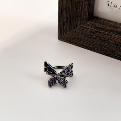 Purple Zircon Inlaid Black Butterfly Ring Ear Cuff Earrings