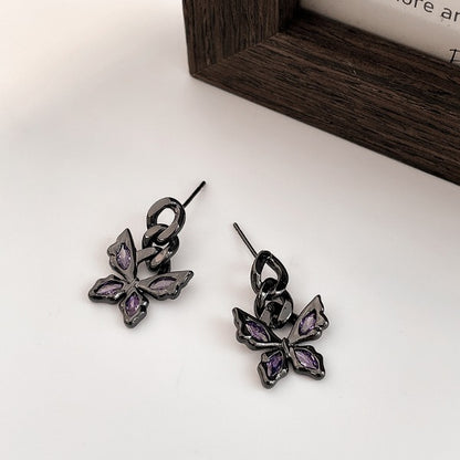 Purple Zircon Inlaid Black Butterfly Ring Ear Cuff Earrings