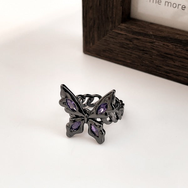 Purple Zircon Inlaid Black Butterfly Ring Ear Cuff Earrings